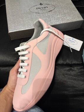 Prada Pink and Light Gray Low-Top Lace Sneakers